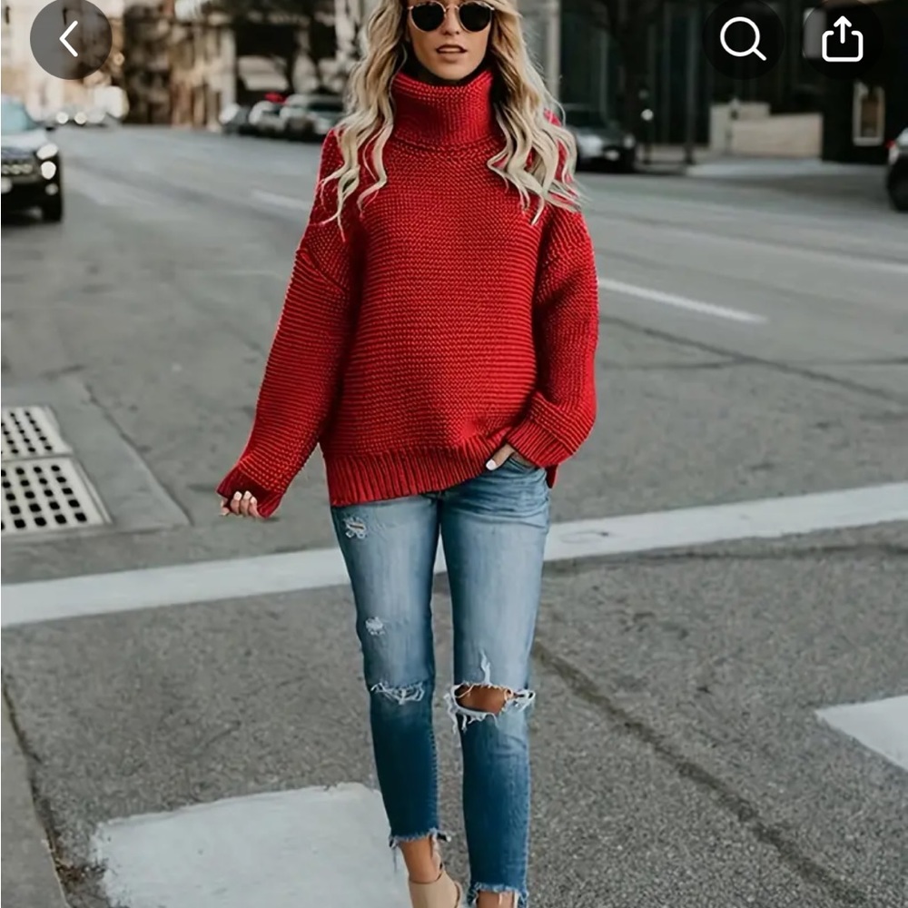 Solid Turtle Neck Pullover Sweater, Casual Drop Shoulder Long Sleeve Sweater